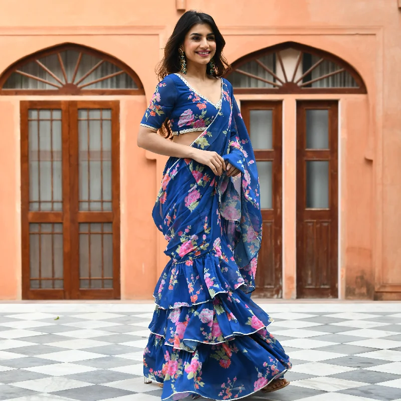 Bunaai Blue Floral Fusion Saree