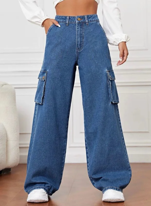 High Rise Wide Leg Cargo Jeans Stone Blue