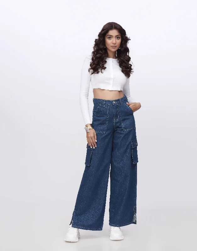 Wide Leg Cargo Slit Dark Blue