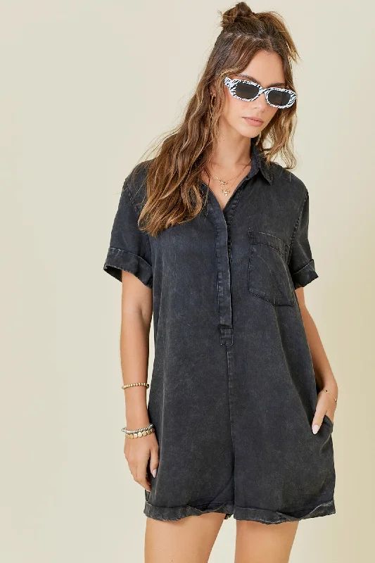 Washed Tencel Denim Shirt Romper in Black