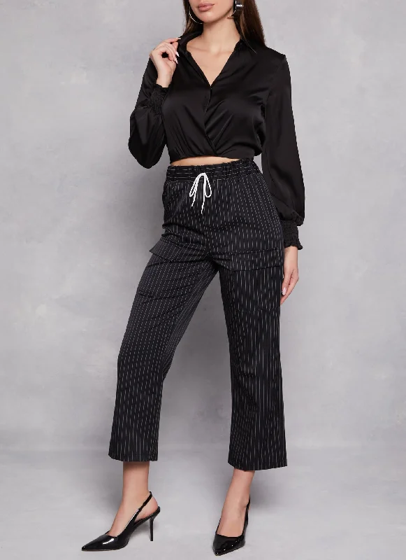 Pinstripe Faux Drawstring Cargo Pocket Pants