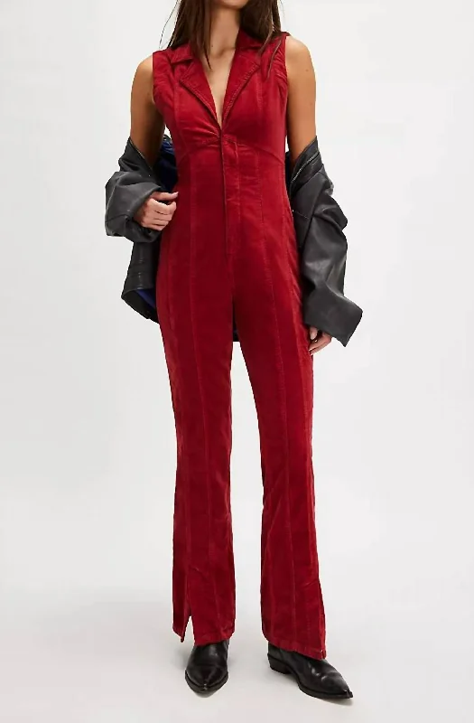 Crvy Ring The Alarm Corduroy One-Piece In Haute Red