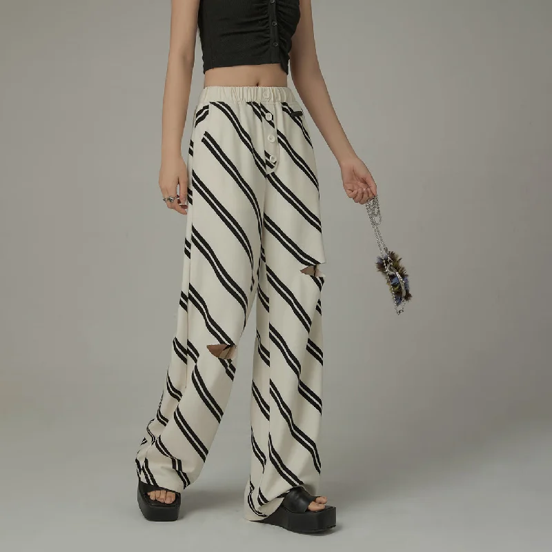 Diagonal Striped Leg Slits Training Wide Pants