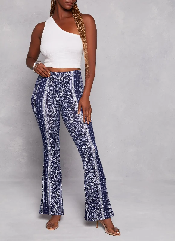 Paisley Border Print High Waist Flare Pants